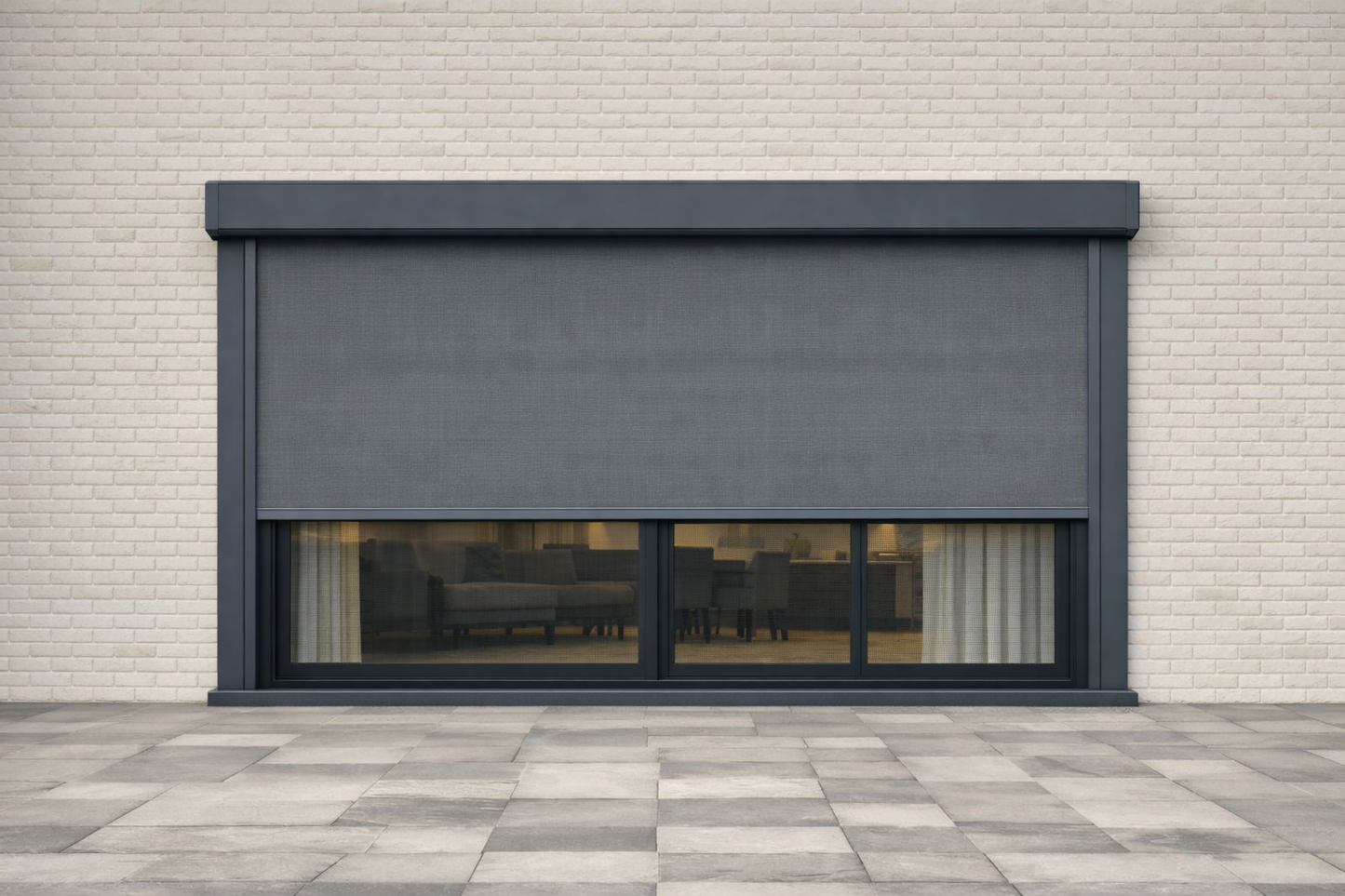 Elektrisch Bediend Screen 1.25m x 1.25m - Somfy Motor Kabeluitgang Rechts - RAL 7011 IJzergrijs met verduisterende grijs doek