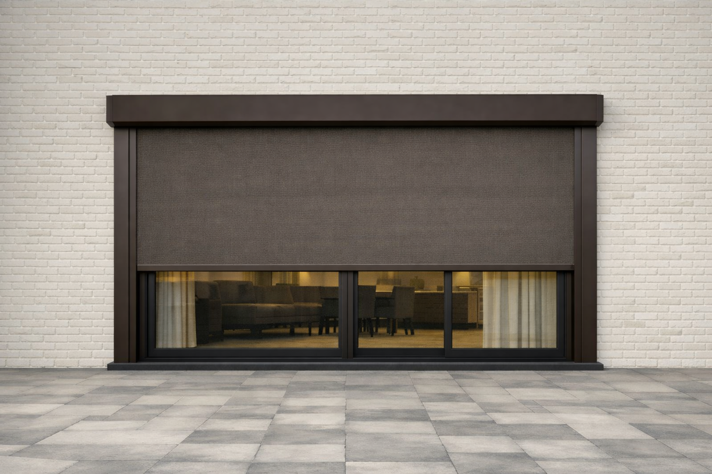 Elektrisch Bediend Screen 1.25m x 1.25m - Huismerk Motor Kabeluitgang Rechts - RAL 8014 Sepiabruin met verduisterende brons doek