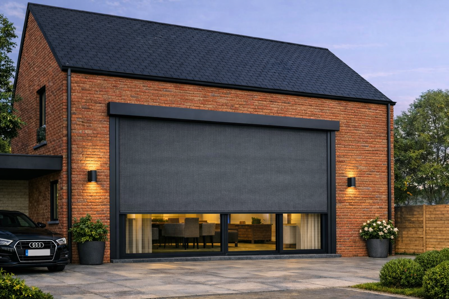 Elektrisch Bediend Screen 2.25m x 2.75m - Huismerk Motor Kabeluitgang Rechts - RAL 7011 IJzergrijs met verduisterende grijs doek