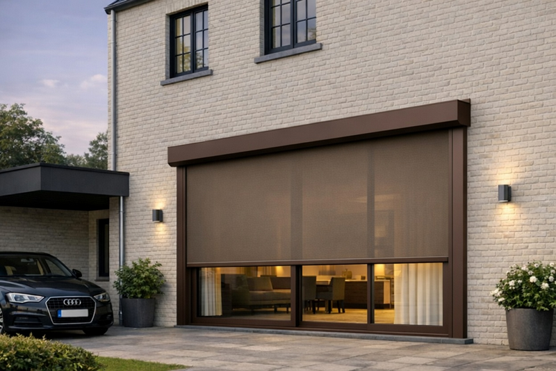 Elektrisch Bediend Screen 1.25m x 1.25m - Huismerk Motor Kabeluitgang Rechts - RAL 8014 Sepiabruin met verduisterende brons doek